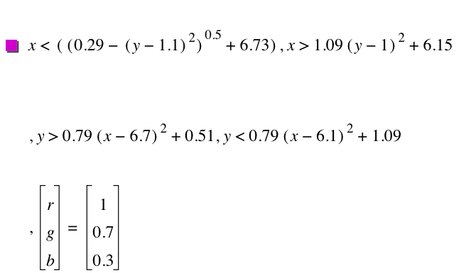 x<[[0.29-[y-1.1]^2]^0.5+6.73],x>1.09*[y-1]^2+6.15,y>0.79*[x-6.7]^2+0.51,y<0.79*[x-6.1]^2+1.09,vector(r,g,b)=vector(1,0.7,0.3)