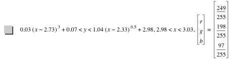0.03*[x-2.73]^3+0.07000000000000001<y<1.04*[x-2.33]^0.5+2.98,2.98<x<3.03,vector(r,g,b)=vector(249/255,198/255,97/255)