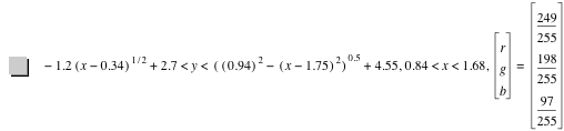 -(1.2*[x-0.34]^(1/2))+2.7<y<[[0.9399999999999999]^2-[x-1.75]^2]^0.5+4.55,0.84<x<1.68,vector(r,g,b)=vector(249/255,198/255,97/255)