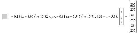 -(0.18*[x-8.960000000000001]^2)+15.82<y<-(0.8100000000000001*[x-5.545]^2)+15.71,4.31<x<5.38,vector(r,g,b)=vector(205/255,81/255,28/255)