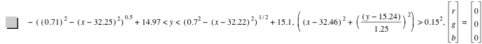 -[[0.71]^2-[x-32.25]^2]^0.5+14.97<y<[0.7^2-[x-32.22]^2]^(1/2)+15.1,[[x-32.46]^2+[[y-15.24]/1.25]^2]>0.15^2,vector(r,g,b)=vector(0,0,0)