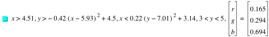 x>4.51,y>-(0.42*[x-5.93]^2)+4.5,x<0.22*[y-7.01]^2+3.14,3<y<5,vector(r,g,b)=vector(0.165,0.294,0.694)