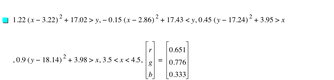 1.22*[x-3.22]^2+17.02>y,-(0.15*[x-2.86]^2)+17.43<y,0.45*[y-17.24]^2+3.95>x,0.9*[y-18.14]^2+3.98>x,3.5<x<4.5,vector(r,g,b)=vector(0.651,0.776,0.333)
