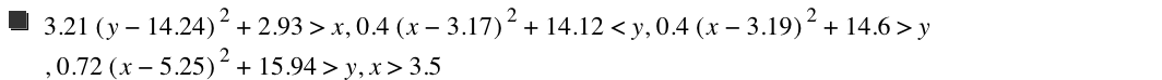 3.21*[y-14.24]^2+2.93>x,0.4*[x-3.17]^2+14.12<y,0.4*[x-3.19]^2+14.6>y,0.72*[x-5.25]^2+15.94>y,x>3.5
