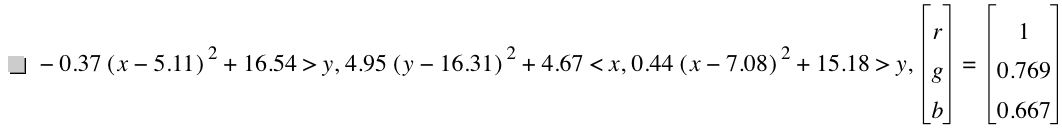 -(0.37*[x-5.11]^2)+16.54>y,4.95*[y-16.31]^2+4.67<x,0.44*[x-7.08]^2+15.18>y,vector(r,g,b)=vector(1,0.769,0.667)