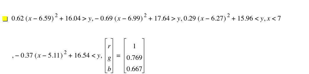 0.62*[x-6.59]^2+16.04>y,-(0.6899999999999999*[x-6.99]^2)+17.64>y,0.29*[x-6.27]^2+15.96<y,x<7,-(0.37*[x-5.11]^2)+16.54<y,vector(r,g,b)=vector(1,0.769,0.667)