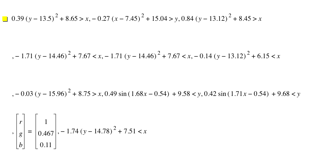 0.39*[y-13.5]^2+8.65>x,-(0.27*[x-7.45]^2)+15.04>y,0.84*[y-13.12]^2+8.449999999999999>x,-(1.71*[y-14.46]^2)+7.67<x,-(1.71*[y-14.46]^2)+7.67<x,-(0.14*[y-13.12]^2)+6.15<x,-(0.03*[y-15.96]^2)+8.75>x,0.49*sin([1.68*x-0.54])+9.58<y,0.42*sin([1.71*x-0.54])+9.68<y,vector(r,g,b)=vector(1,0.467,0.11),-(1.74*[y-14.78]^2)+7.51<x