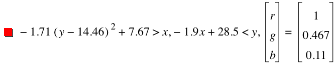 -(1.71*[y-14.46]^2)+7.67>x,-(1.9*x)+28.5<y,vector(r,g,b)=vector(1,0.467,0.11)