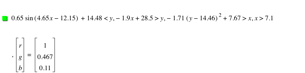 0.65*sin([4.65*x-12.15])+14.48<y,-(1.9*x)+28.5>y,-(1.71*[y-14.46]^2)+7.67>x,x>7.1,vector(r,g,b)=vector(1,0.467,0.11)