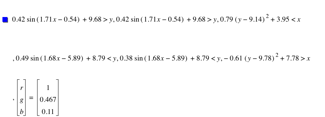0.42*sin([1.71*x-0.54])+9.68>y,0.42*sin([1.71*x-0.54])+9.68>y,0.79*[y-9.140000000000001]^2+3.95<x,0.49*sin([1.68*x-5.89])+8.789999999999999<y,0.38*sin([1.68*x-5.89])+8.789999999999999<y,-(0.61*[y-9.779999999999999]^2)+7.78>x,vector(r,g,b)=vector(1,0.467,0.11)