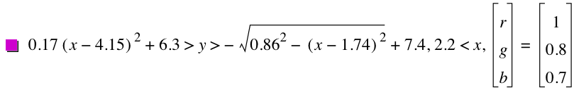 0.17*[x-4.15]^2+6.3>y>-sqrt(0.86^2-[x-1.74]^2)+7.4,2.2<x,vector(r,g,b)=vector(1,0.8,0.7)