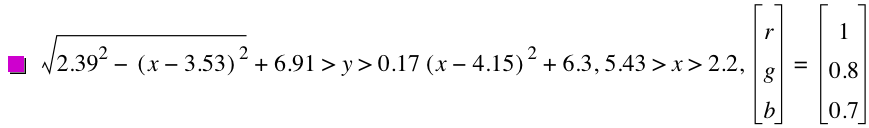 sqrt(2.39^2-[x-3.53]^2)+6.91>y>0.17*[x-4.15]^2+6.3,5.43>x>2.2,vector(r,g,b)=vector(1,0.8,0.7)