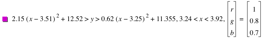 2.15*[x-3.51]^2+12.52>y>0.62*[x-3.25]^2+11.355,3.24<x<3.92,vector(r,g,b)=vector(1,0.8,0.7)