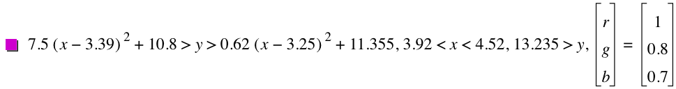 7.5*[x-3.39]^2+10.8>y>0.62*[x-3.25]^2+11.355,3.92<x<4.52,13.235>y,vector(r,g,b)=vector(1,0.8,0.7)
