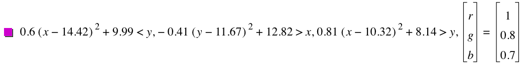 0.6*[x-14.42]^2+9.99<y,-(0.41*[y-11.67]^2)+12.82>x,0.8100000000000001*[x-10.32]^2+8.140000000000001>y,vector(r,g,b)=vector(1,0.8,0.7)